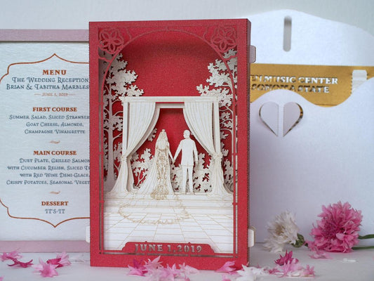 Wedding invitation outdoor garden arch curtains, trees pop-up card - ColibriGift
